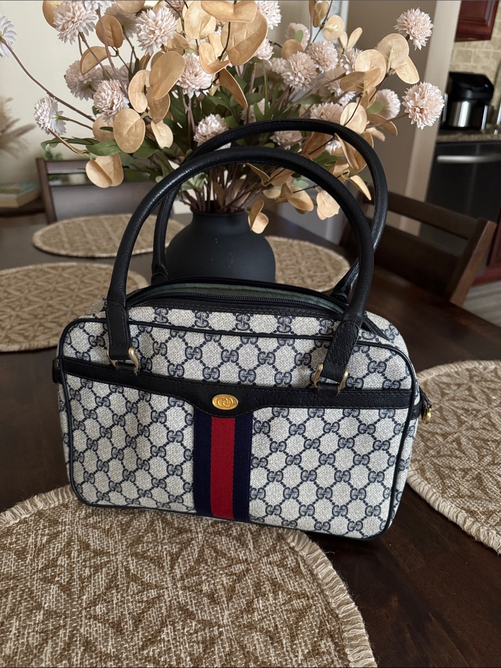 Gucci Navy/Beige GG Canvas Mini Satchel with Red/Blue Web